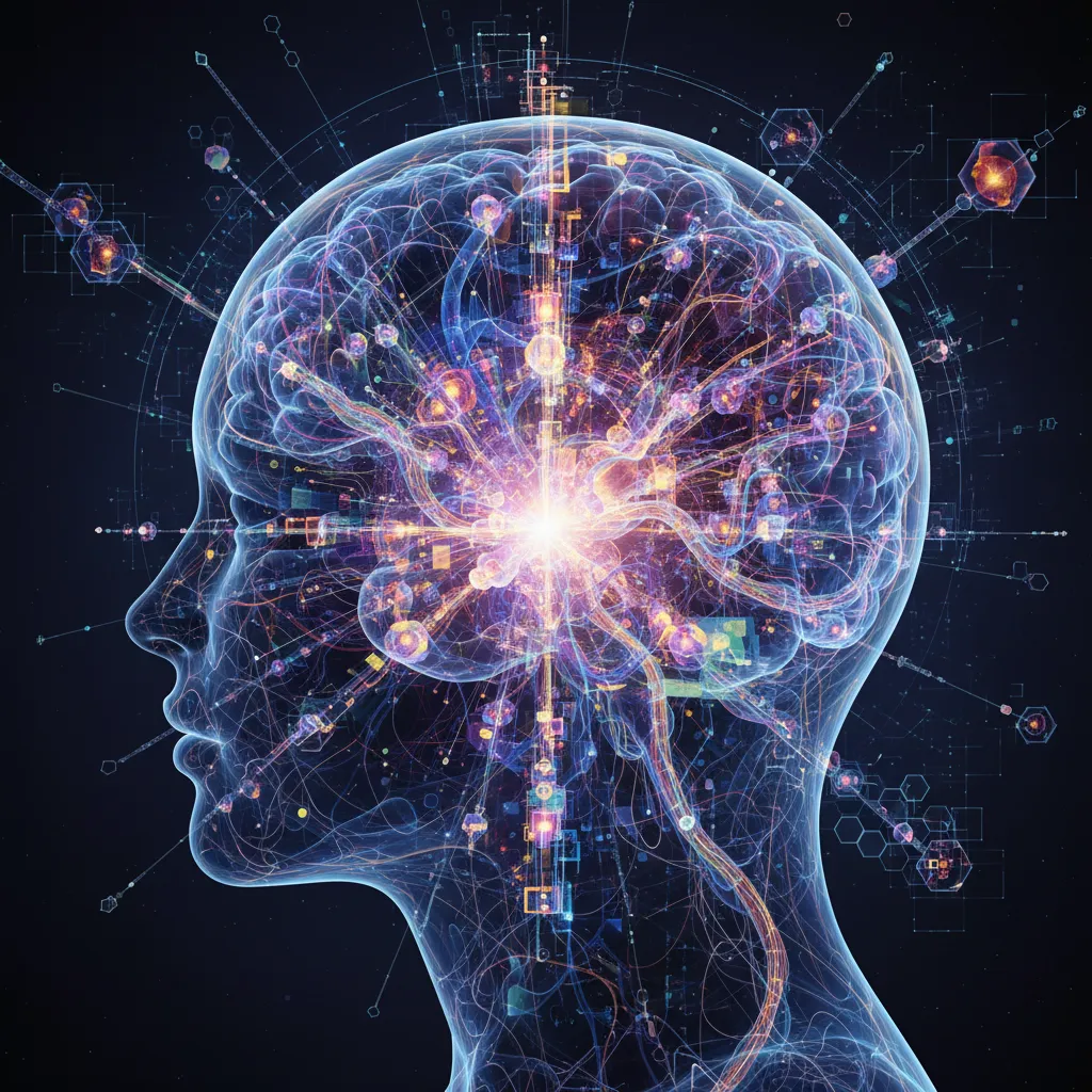 Artistic representation of neural pathways merging with digital data for augmented intelligence