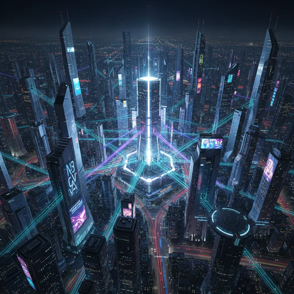 Futuristic cityscape showing BCI-integrated individuals contributing to a smart city