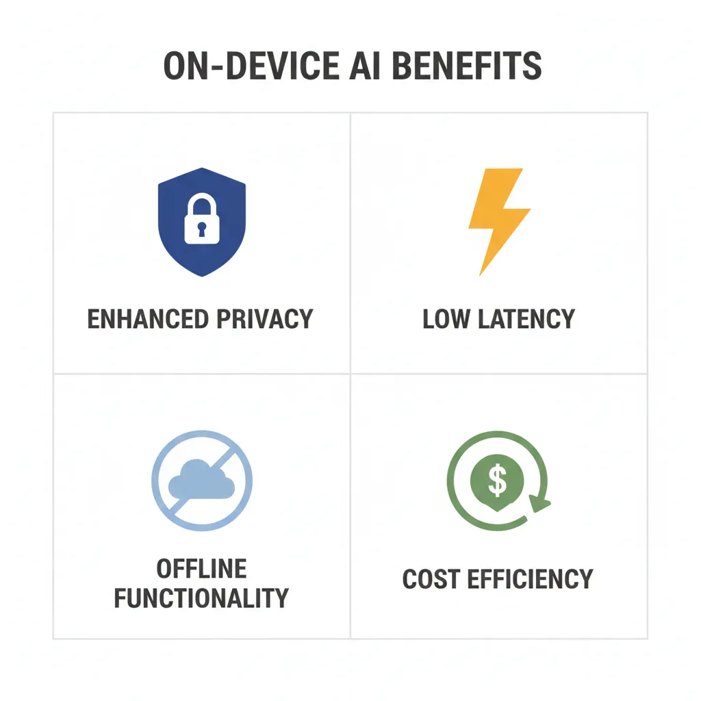A grid of four icons representing the main benefits of on-device AI: a shield for privacy, a lightning bolt for speed, a piggy bank for cost savings, and a Wi-Fi symbol with a slash through it for offline access.