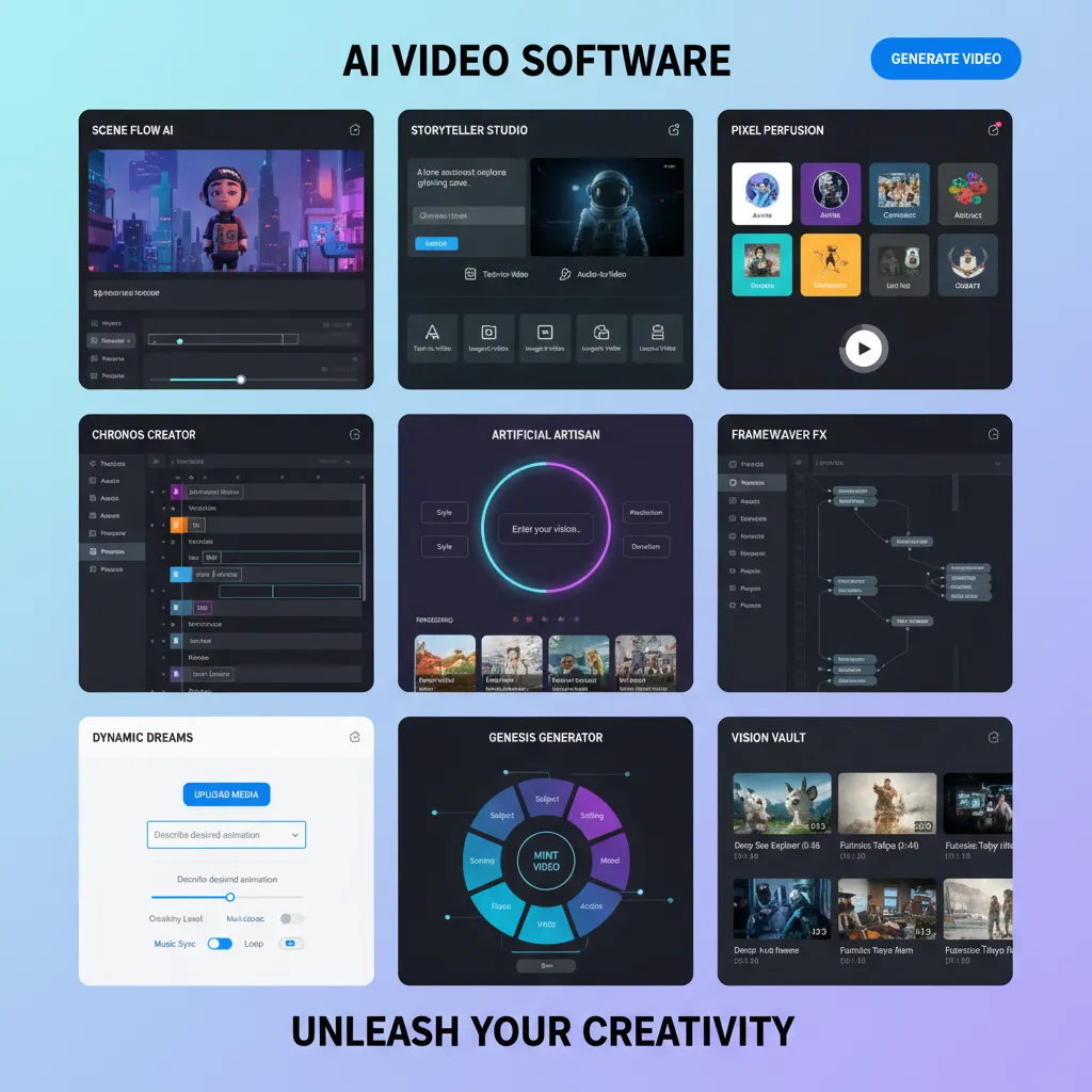 Collage of digital interfaces of various AI video generation software.