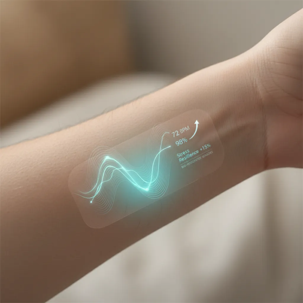 Conceptual wearable device merging with skin, showing bio-integrated sensors and health data.