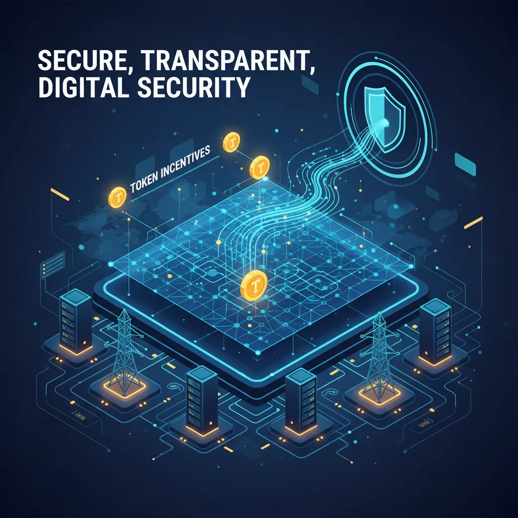 Graphic showing blockchain ledger over physical infrastructure elements.