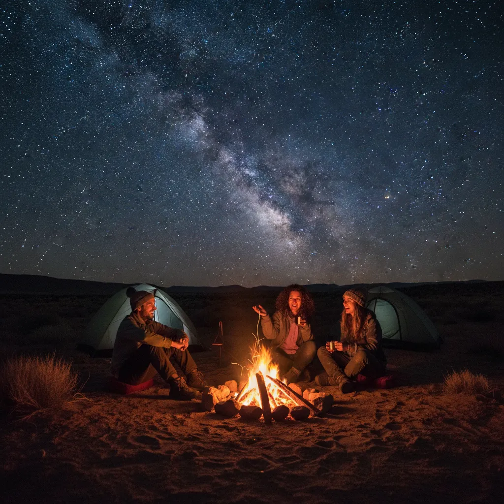 Travelers around a campfire in a starry desert.