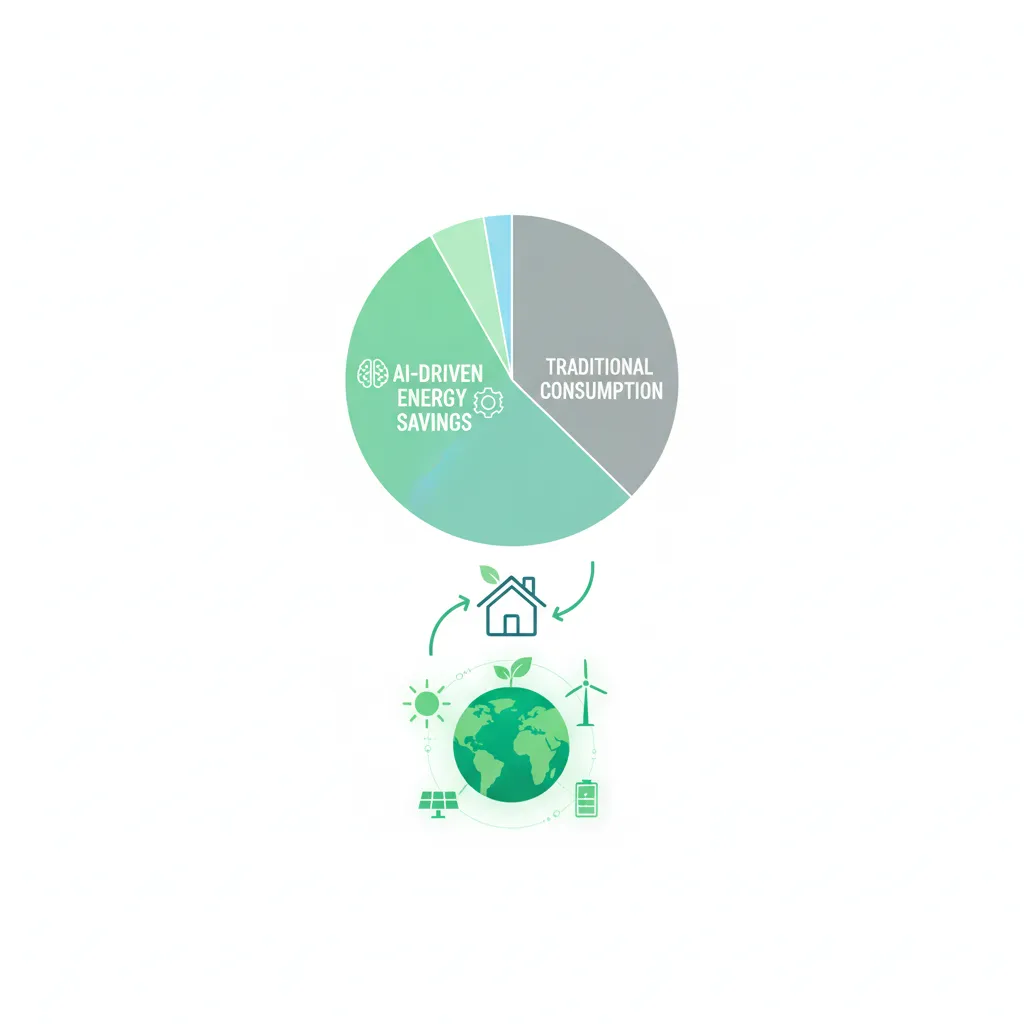 An infographic on a tablet showing a home's carbon footprint dramatically reducing over time thanks to AI technology