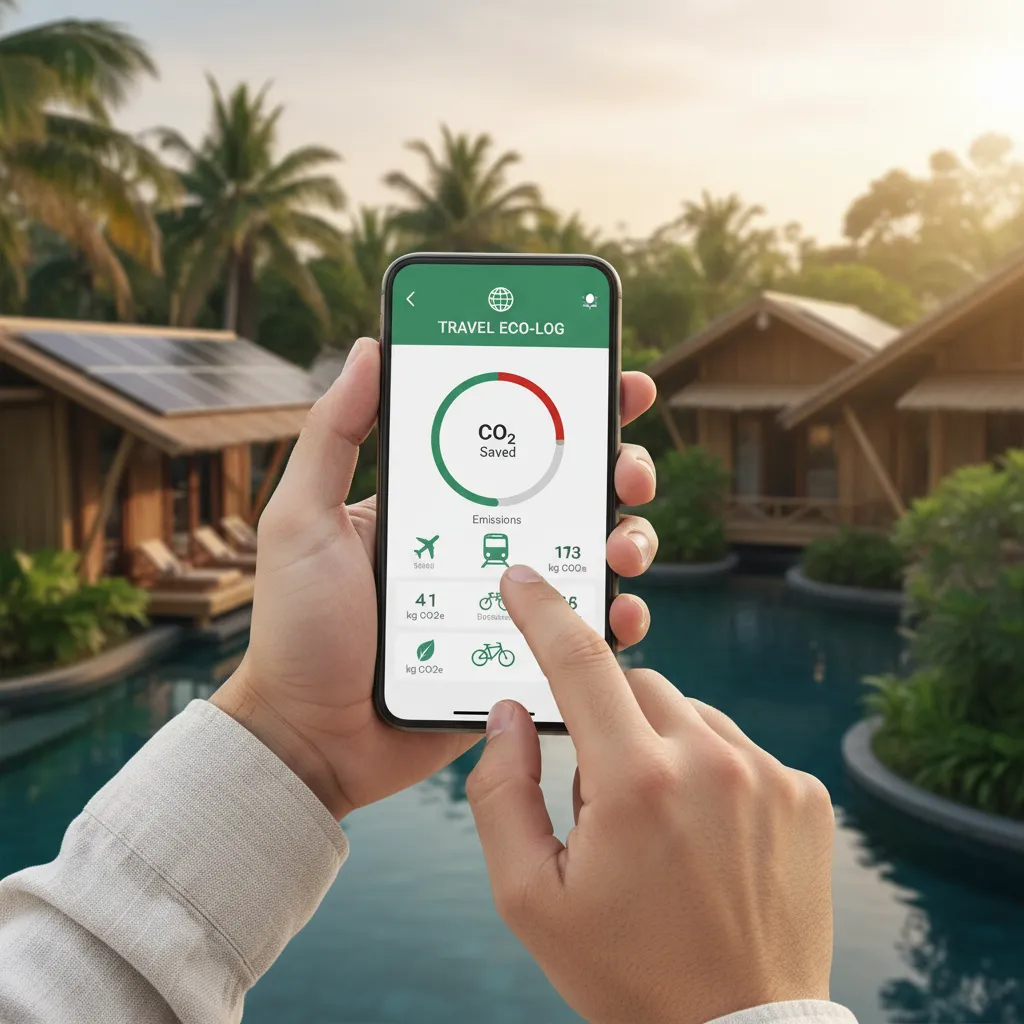 Person using a carbon footprint tracking app with a sustainable resort background.
