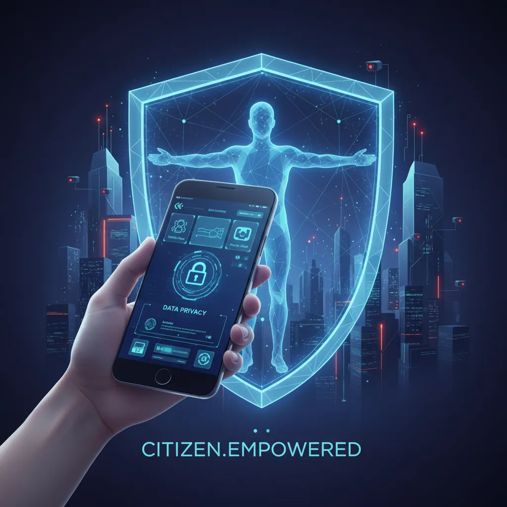Hand holding smartphone with smart city apps, digital shield protecting person