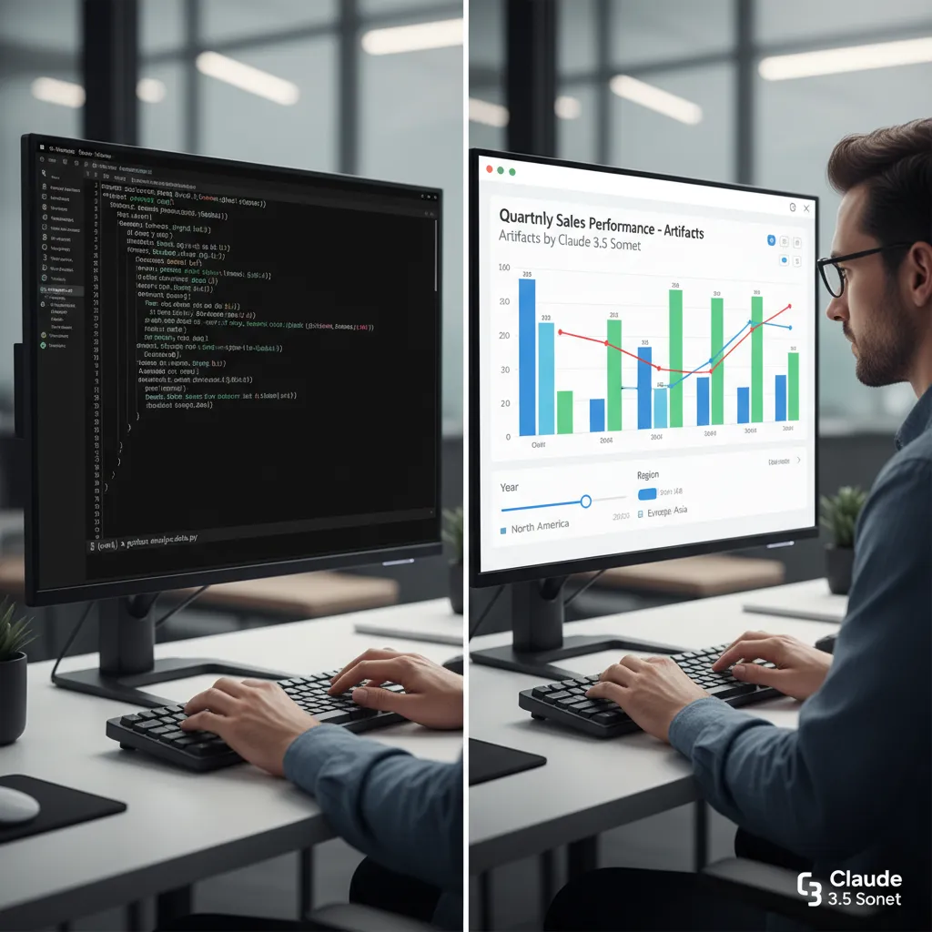 A split-screen image showing a developer typing Python code on the left, and on the right, an interactive chart generated by the 'Artifacts' feature of Claude 3.5 Sonnet.