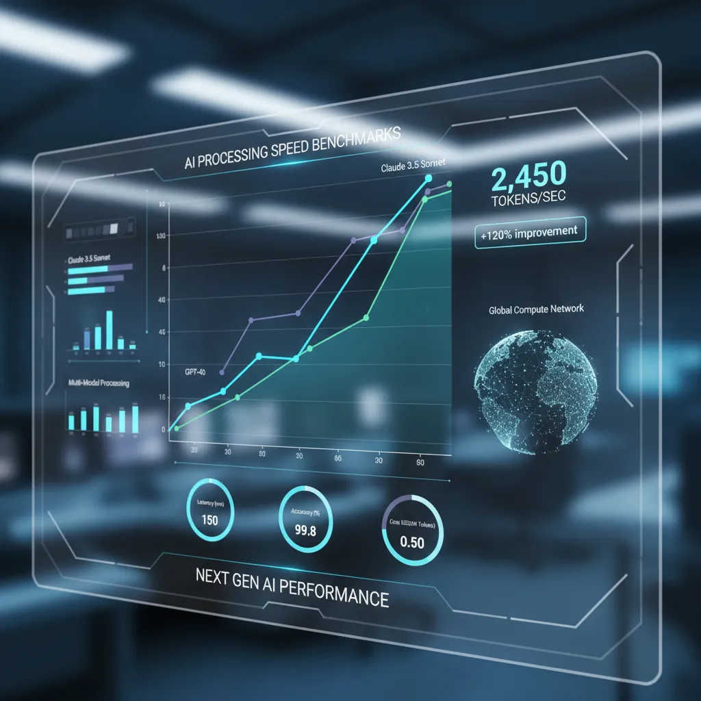 A futuristic dashboard UI showing AI processing speed benchmarks, with a glowing line graph for 'Claude 3.5 Sonnet' significantly higher than other faded lines labeled 'GPT-4o' and 'Opus'.