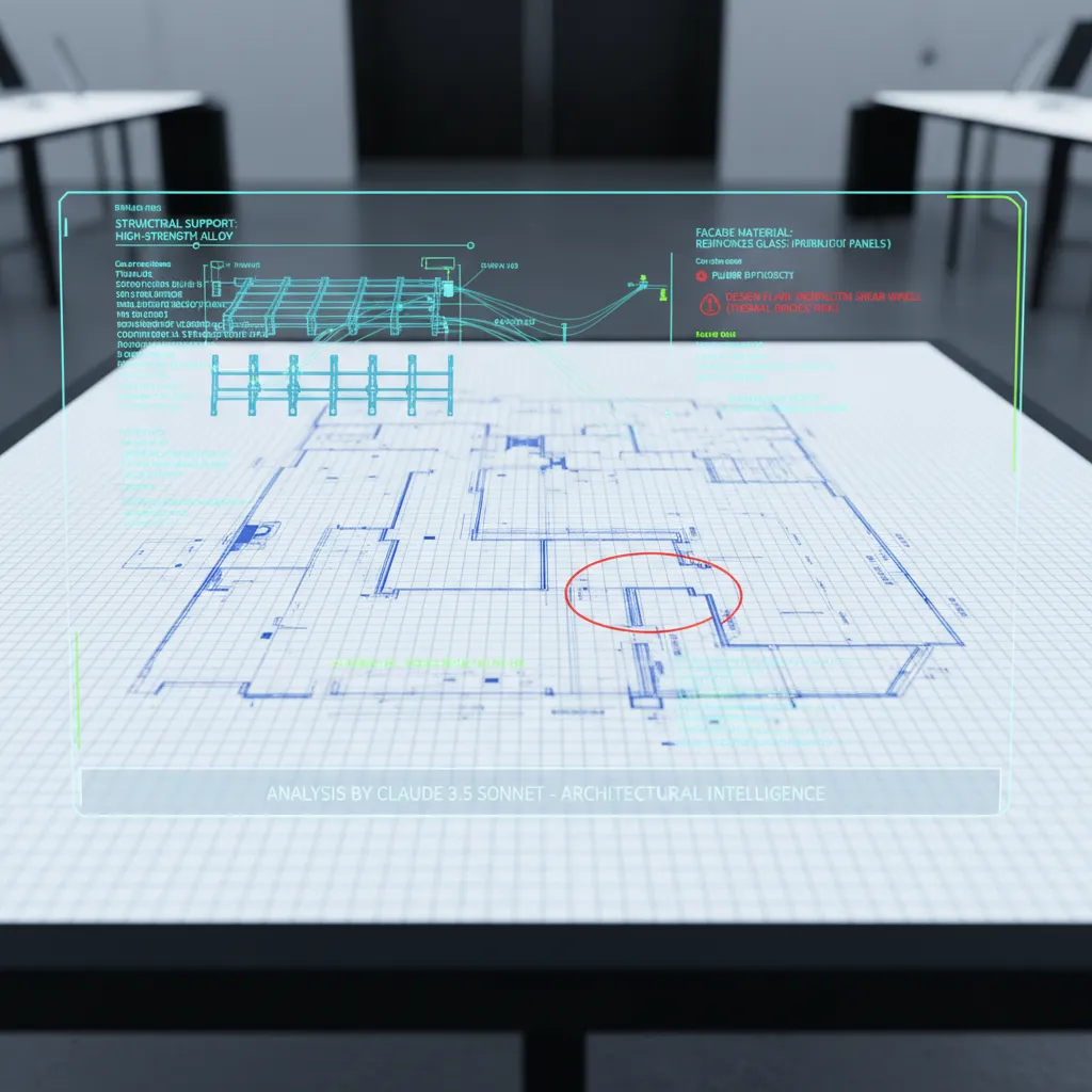 An AI's point-of-view, analyzing a complex architectural blueprint with digital overlays and annotations, highlighting the advanced vision capabilities of Claude 3.5 Sonnet.