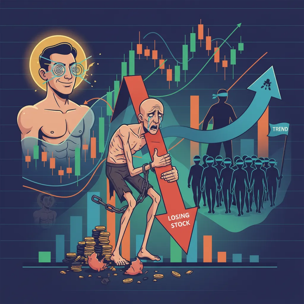 Stylized image of investor cognitive biases like overconfidence, loss aversion, and herding.