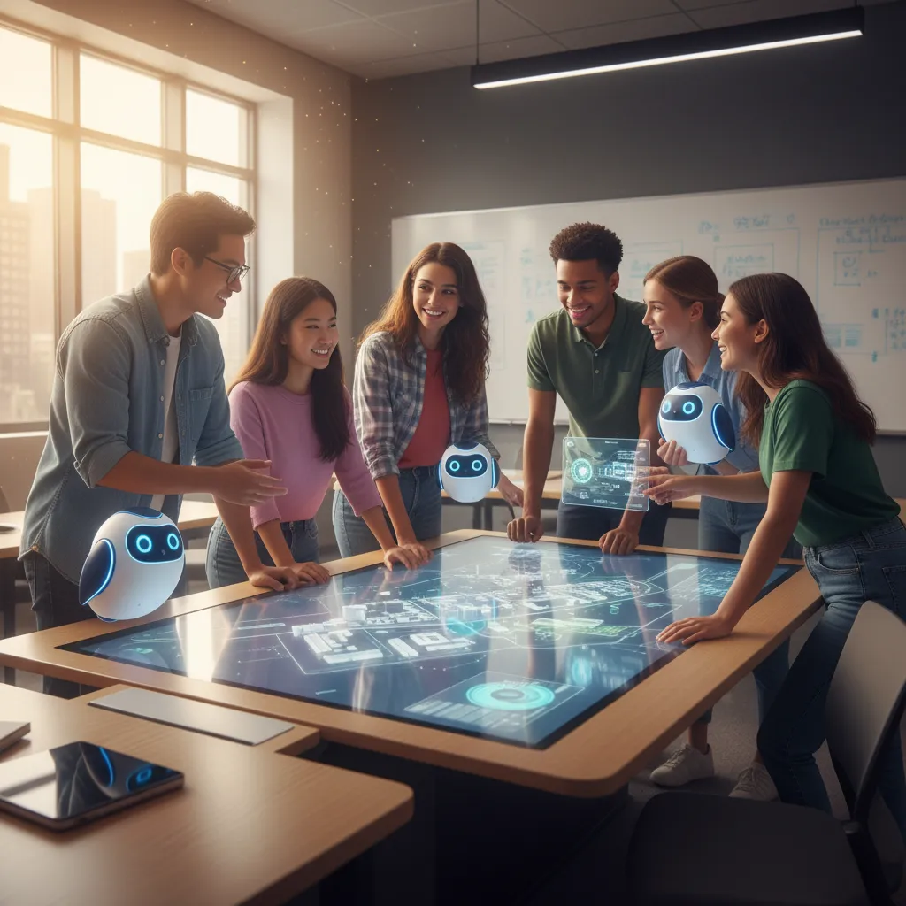 Students collaborating with friendly AI robots in a modern classroom