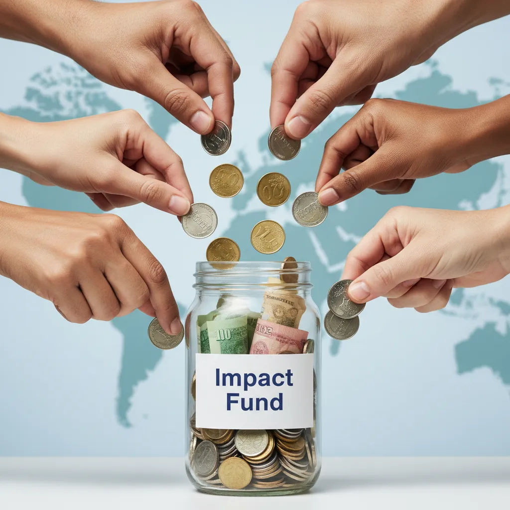 Diverse hands contributing money to an Impact Fund jar.