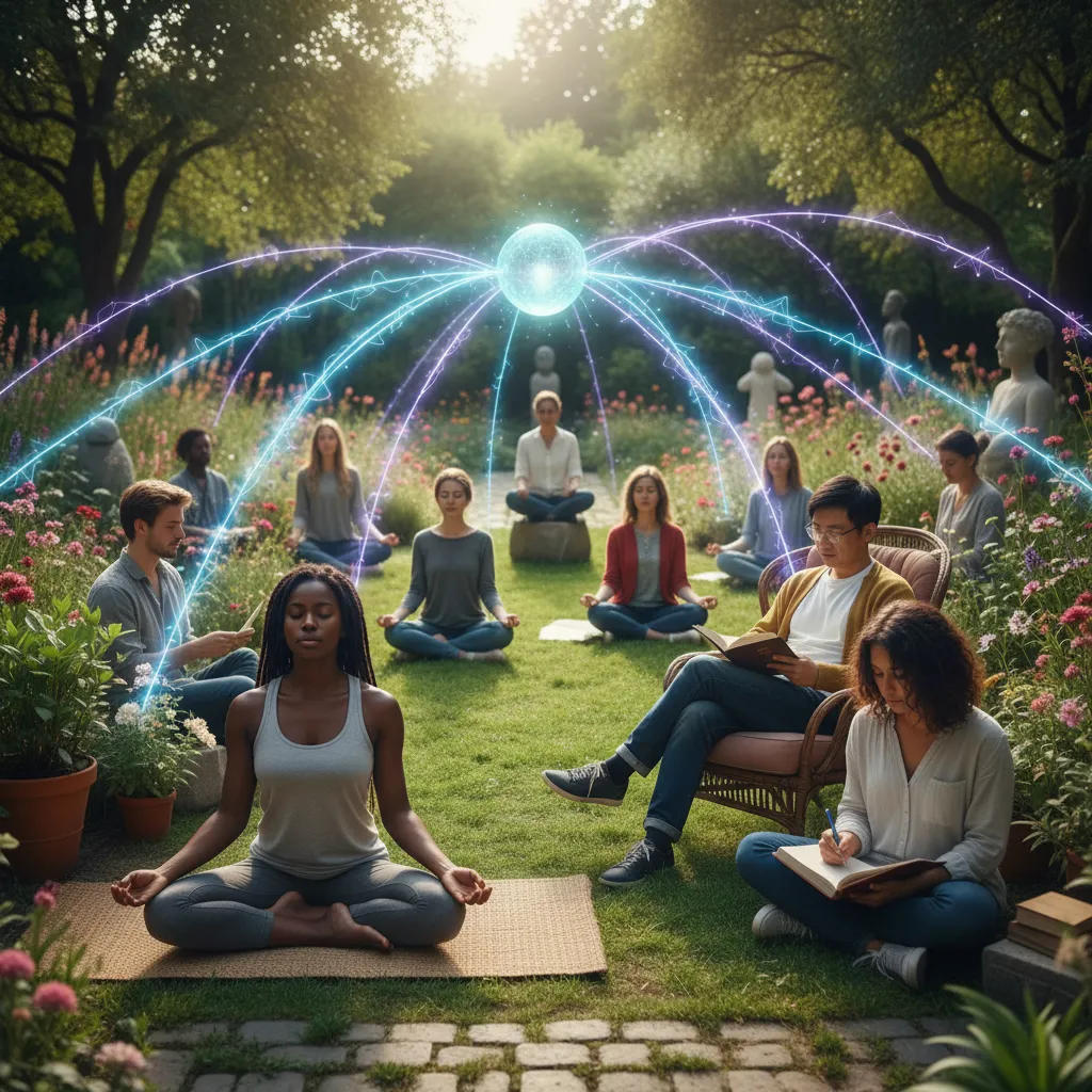 Diverse people connected by AI lines, symbolizing community support for mental wellness.