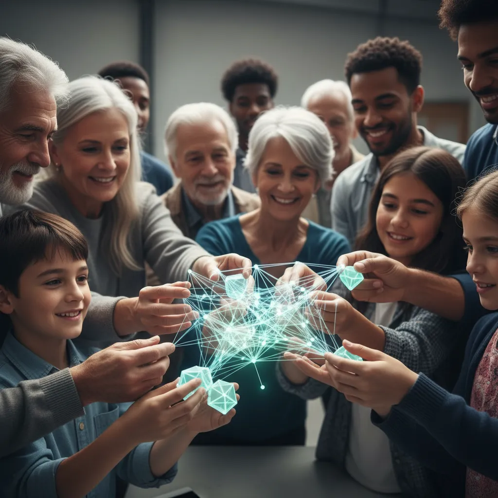 Diverse group building glowing decentralized network