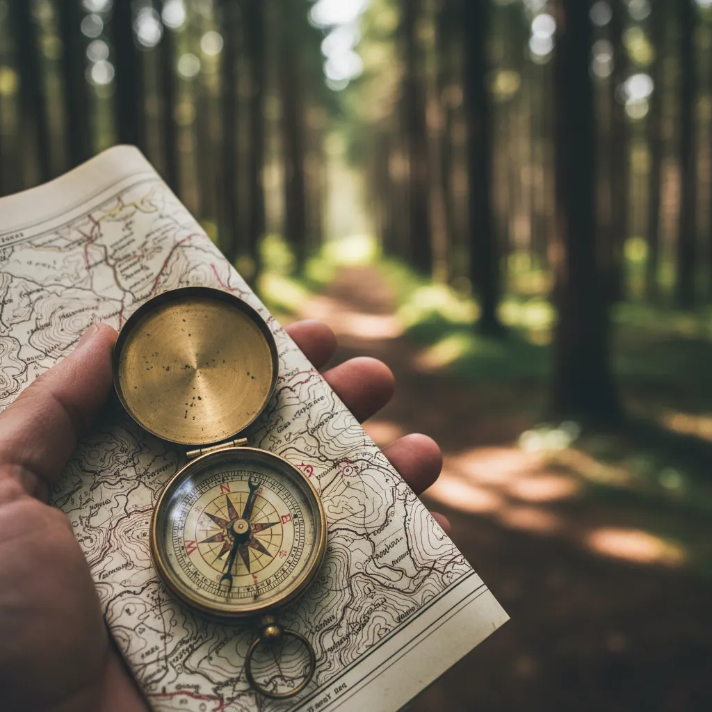 Hand holding a compass and map on a forest trail.