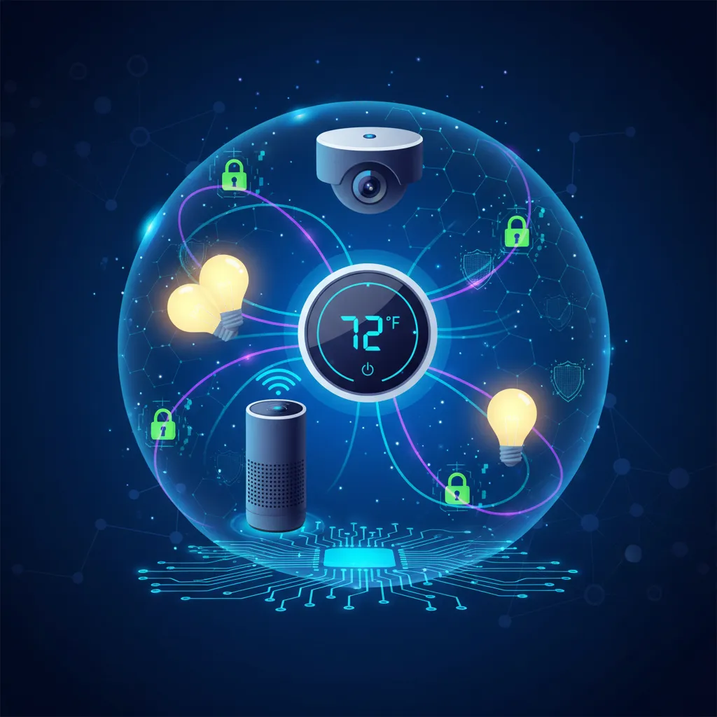 Illustration of smart home devices connected by a secure network.