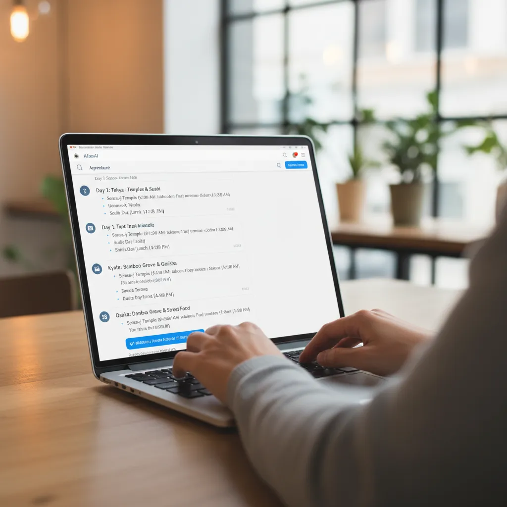 User interacting with an AI chatbot on a laptop to generate a detailed travel itinerary for Japan.