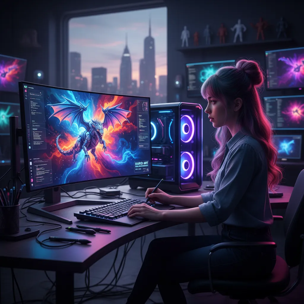 Digital artist creating 3D models and digital paintings with an AI PC.