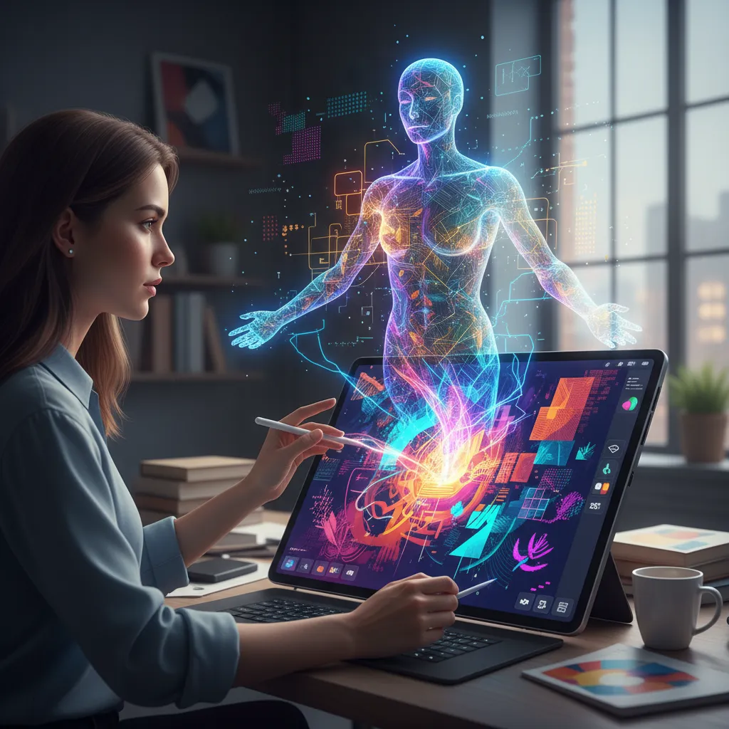 Graphic designer collaborating with AI copilot on digital art