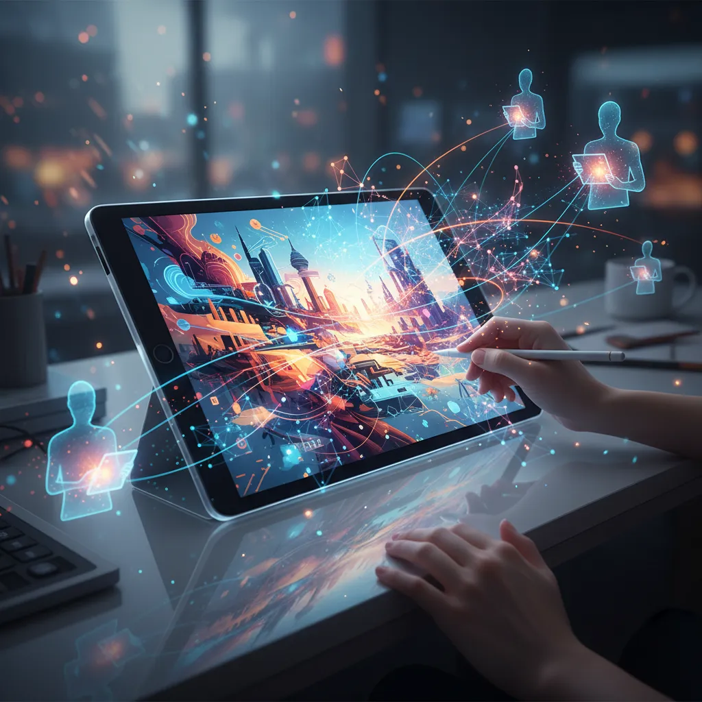 Digital artist using AI for creative design with neural network patterns