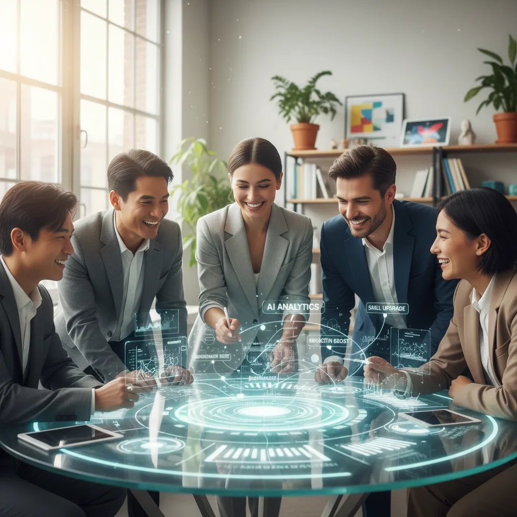 A diverse group of professionals in a futuristic classroom learning how to integrate AI into their creative workflows.