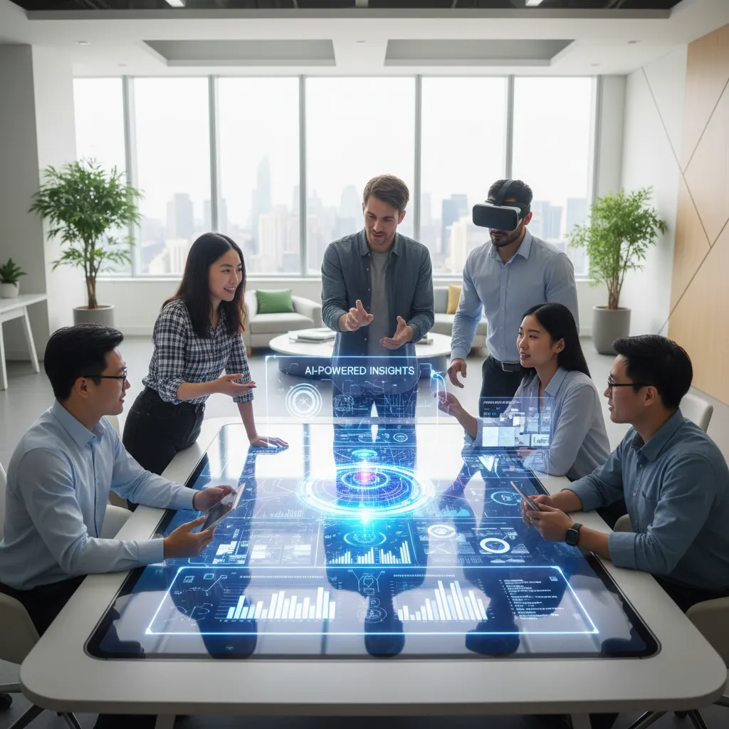 Creative team collaborating with AI tools in a modern workspace