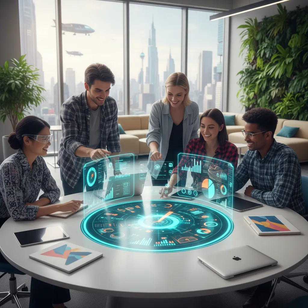 Creators and entrepreneurs analyzing AI-driven business insights collaboratively