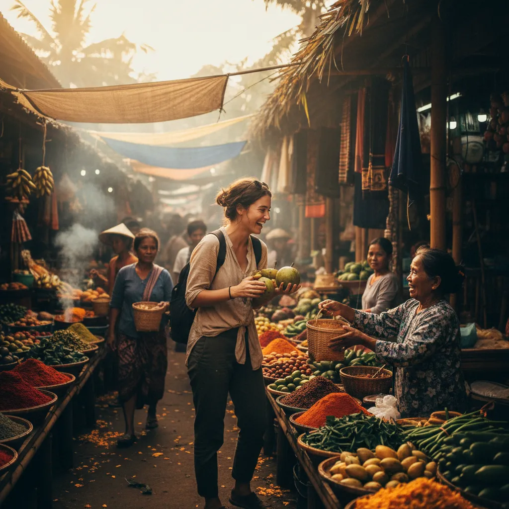A digital nomad interacting with locals in a bustling foreign market.
