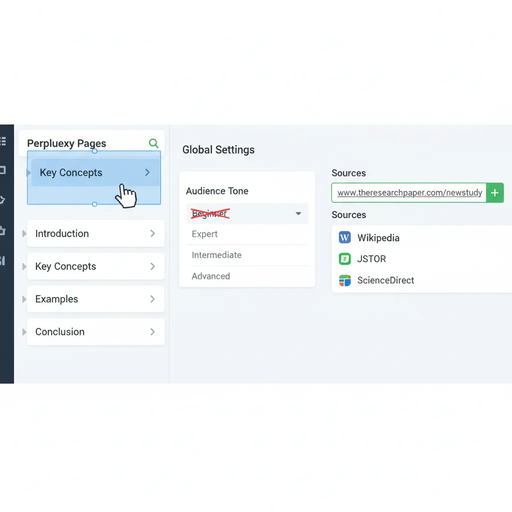 Screenshot of the Perplexity Pages user interface for content customization.