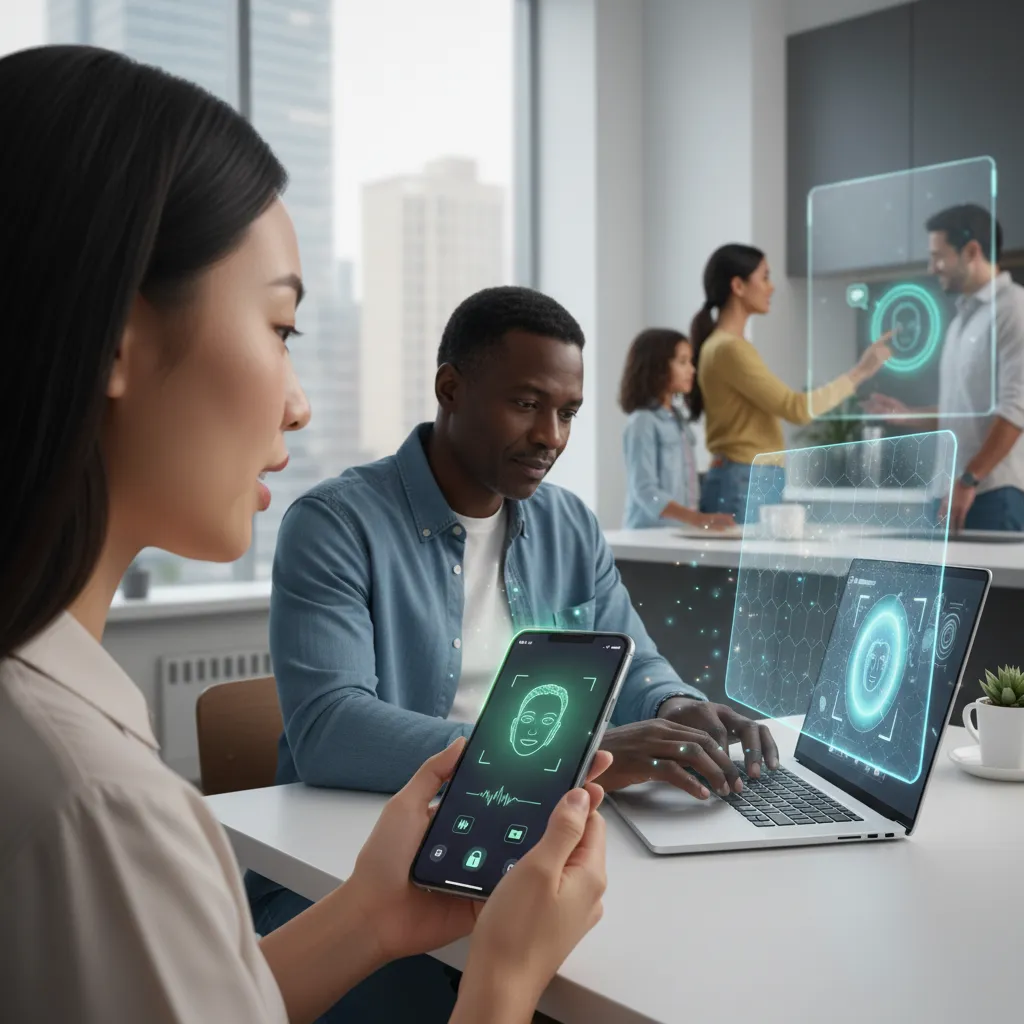 People using facial and voice recognition for daily tasks