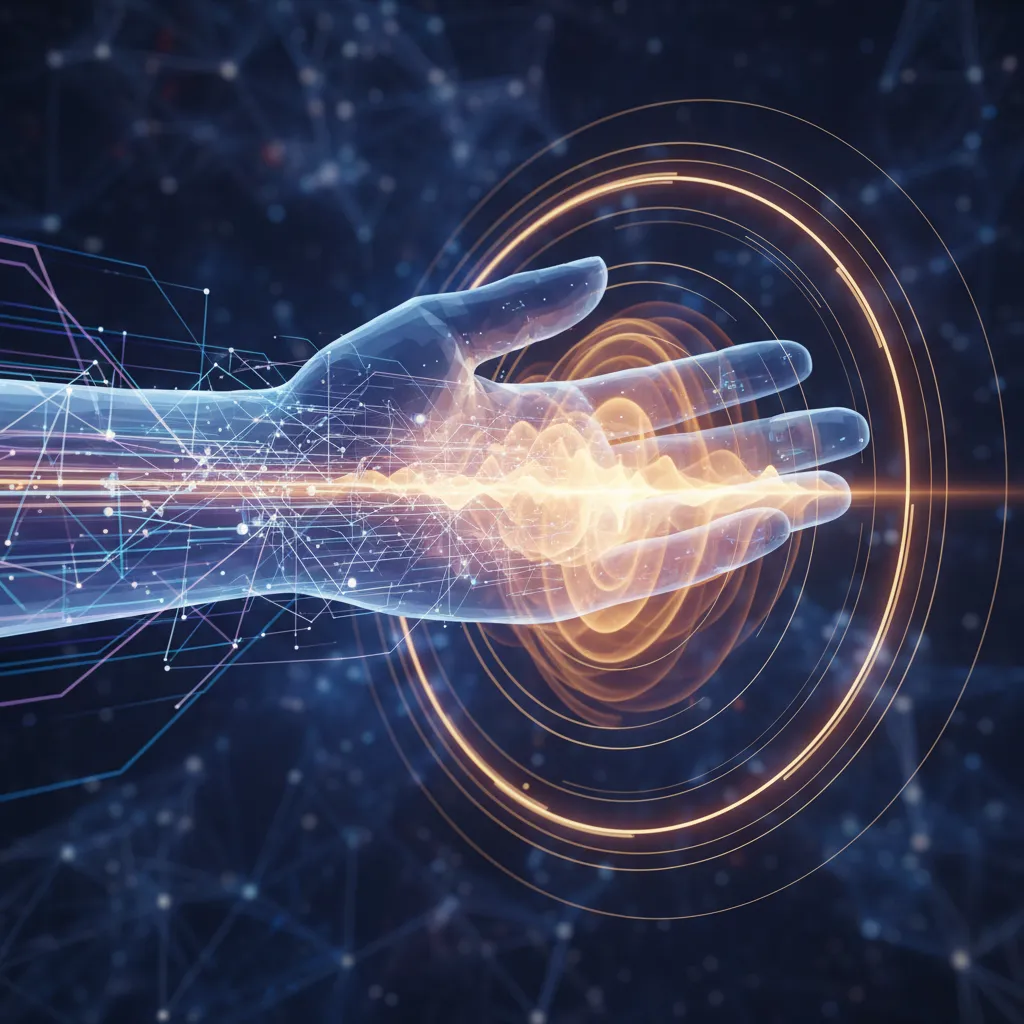 Abstract depiction of data transforming into tactile sensations on a hand