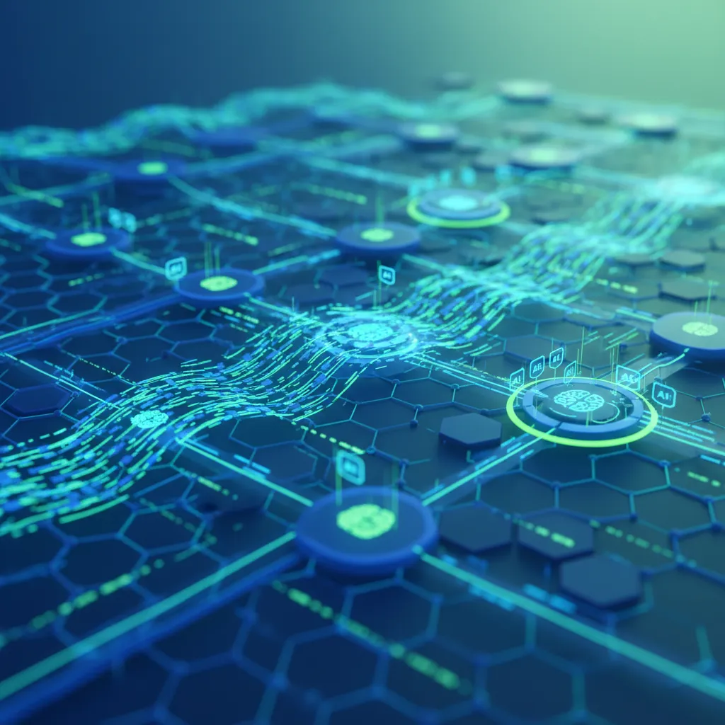 An abstract visualization of decentralized AI data flowing between devices without a central server, highlighting security and efficiency.