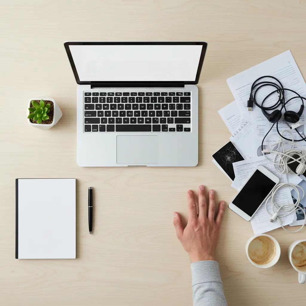 Overhead view of a neatly organized desk with minimalist items.