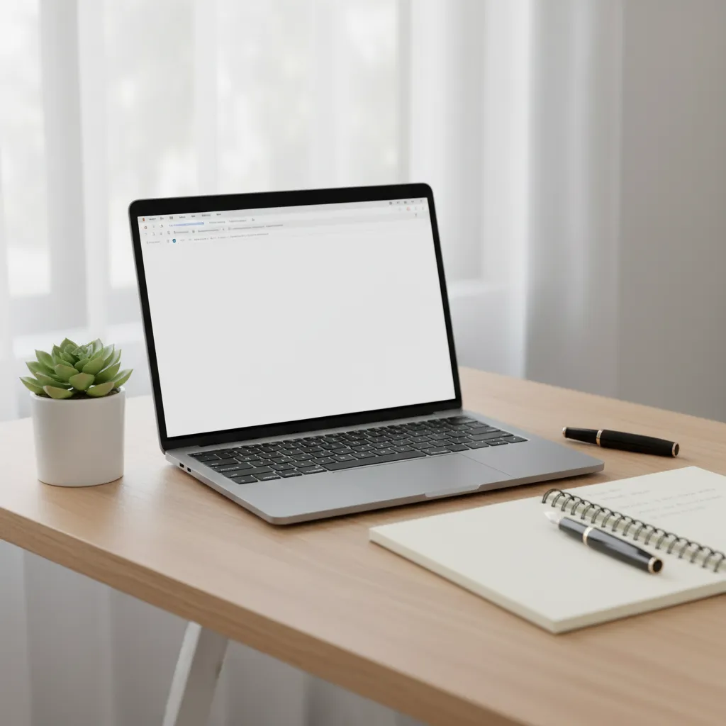 Serene desk with laptop, notebook, and plant, illustrating digital decluttering.