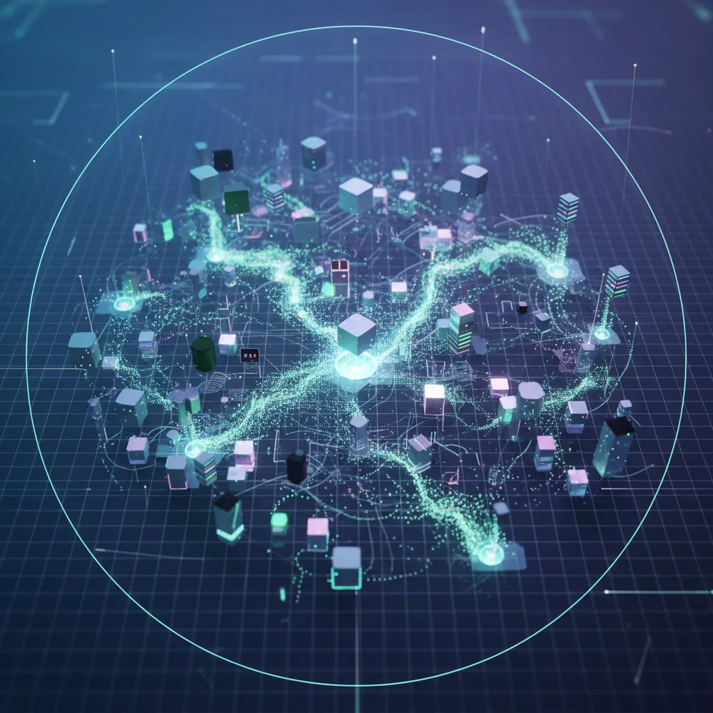 Abstract visualization of data flowing through a decentralized network.