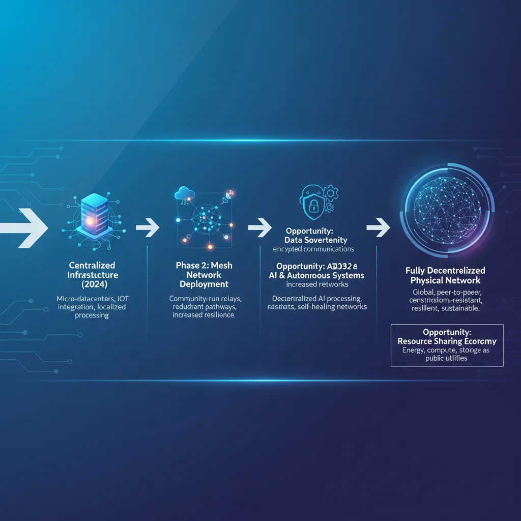 Futuristic roadmap graphic depicting the evolution towards decentralized physical networks.