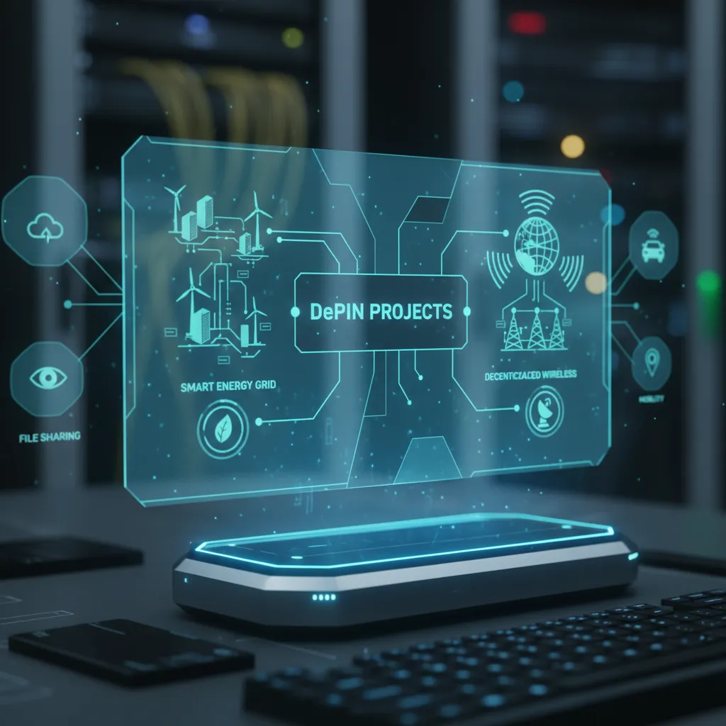 Holographic interface showing DePIN projects and applications