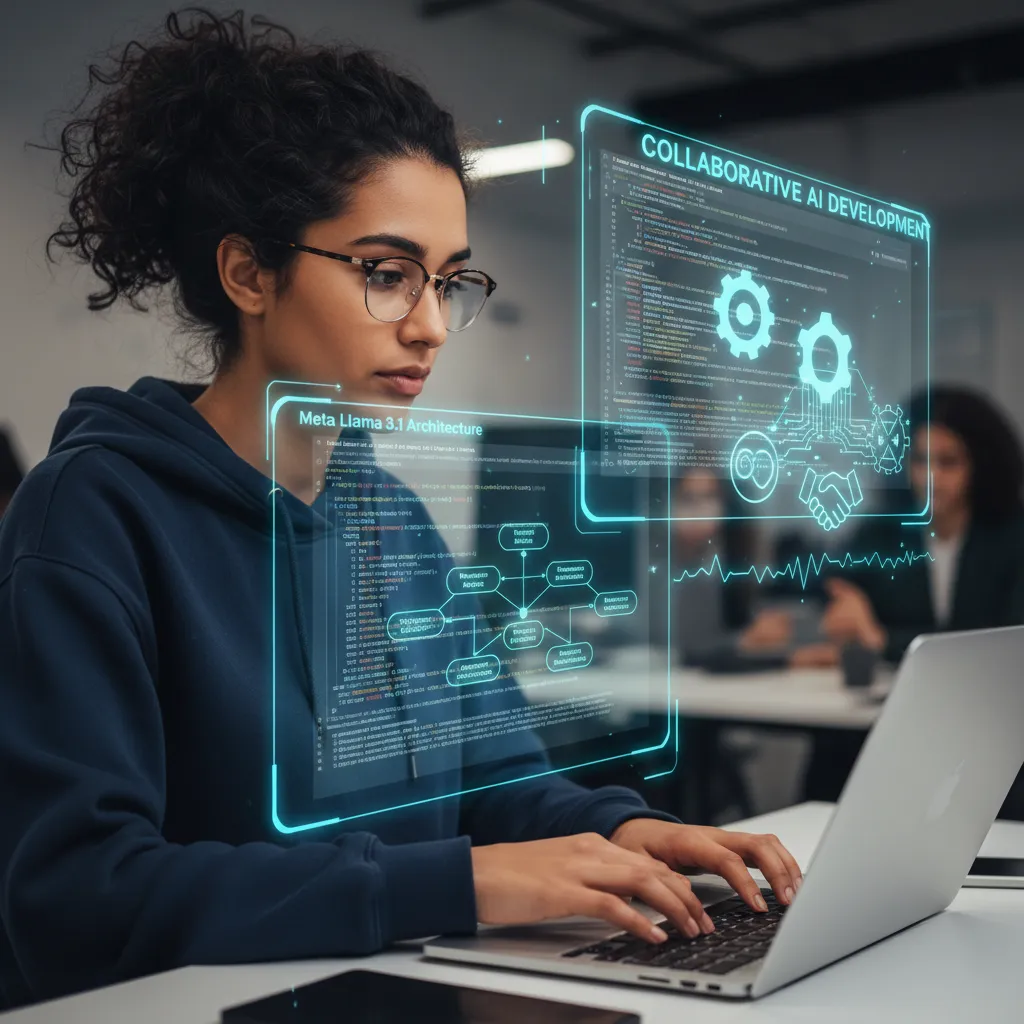 Developer coding with Llama 3.1 holographic display