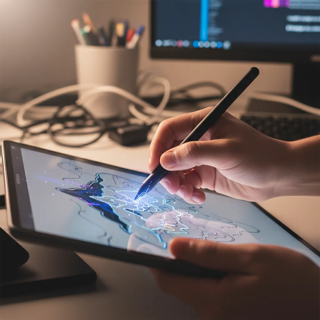 Digital artist using AI-powered tablet for creative work