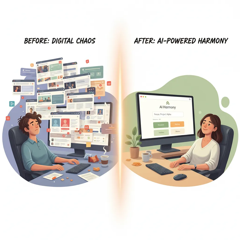 Split image showing digital chaos on one side and a calm, AI-powered digital harmony on the other