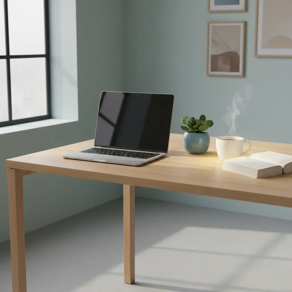 A serene, minimalist desk setup with a laptop, plant, and notebook, bathed in natural light, representing a calm and focused mind.