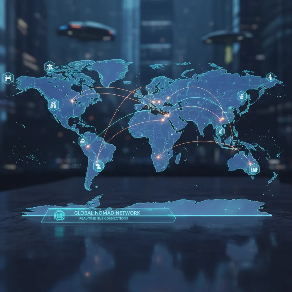 An illuminated world map highlighting popular digital nomad destinations.