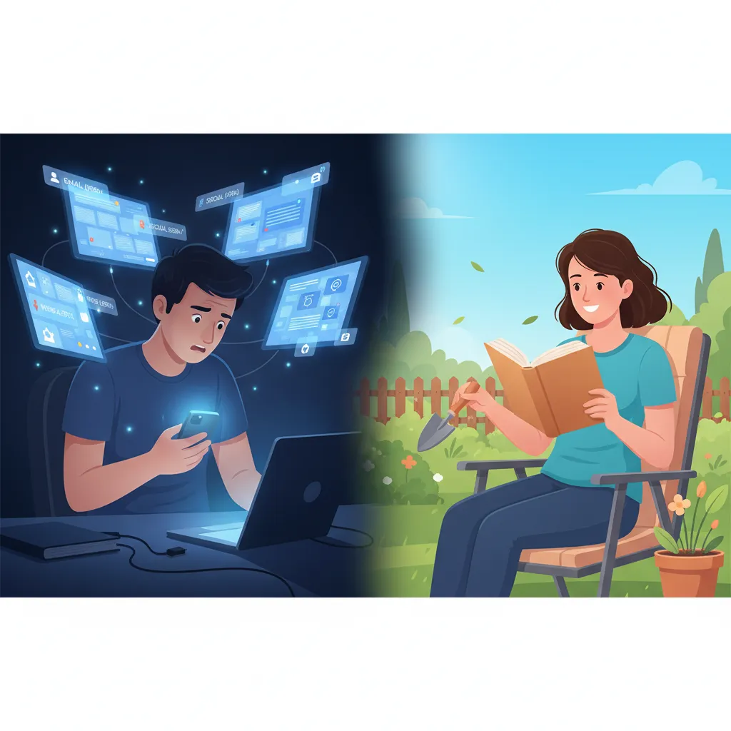 Comparison of a cluttered, overwhelming digital screen next to a calm, organized analog workspace.