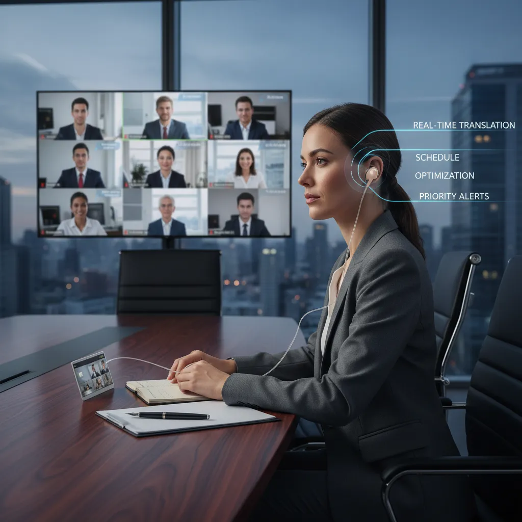 Person using AI earbuds for translation in a meeting