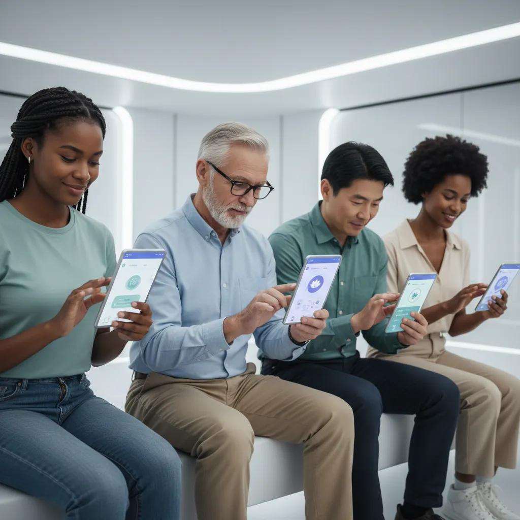 People using a diverse range of AI mental health and wellness apps on their smartphones and tablets