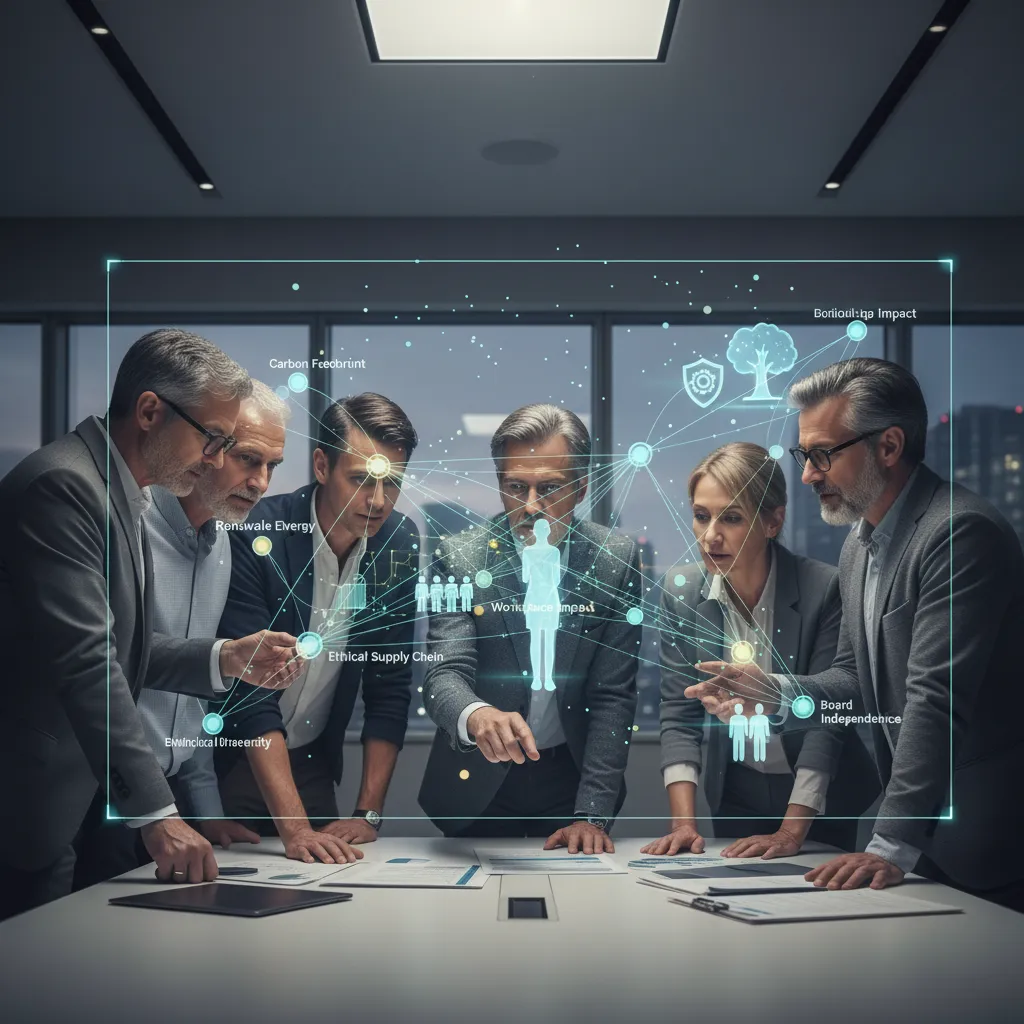 Diverse investors analyzing ESG data with AI visualization