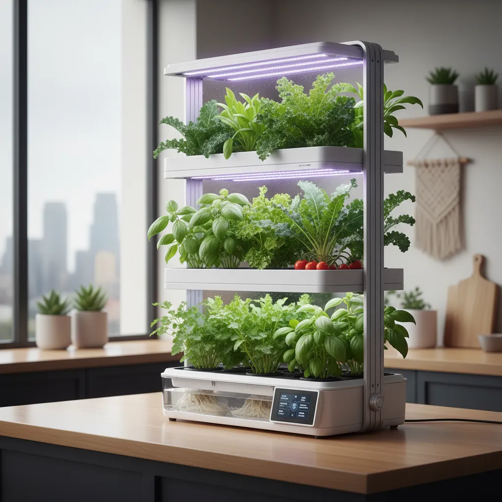 A multi-tiered indoor vertical garden with automated grow lights and a watering system.