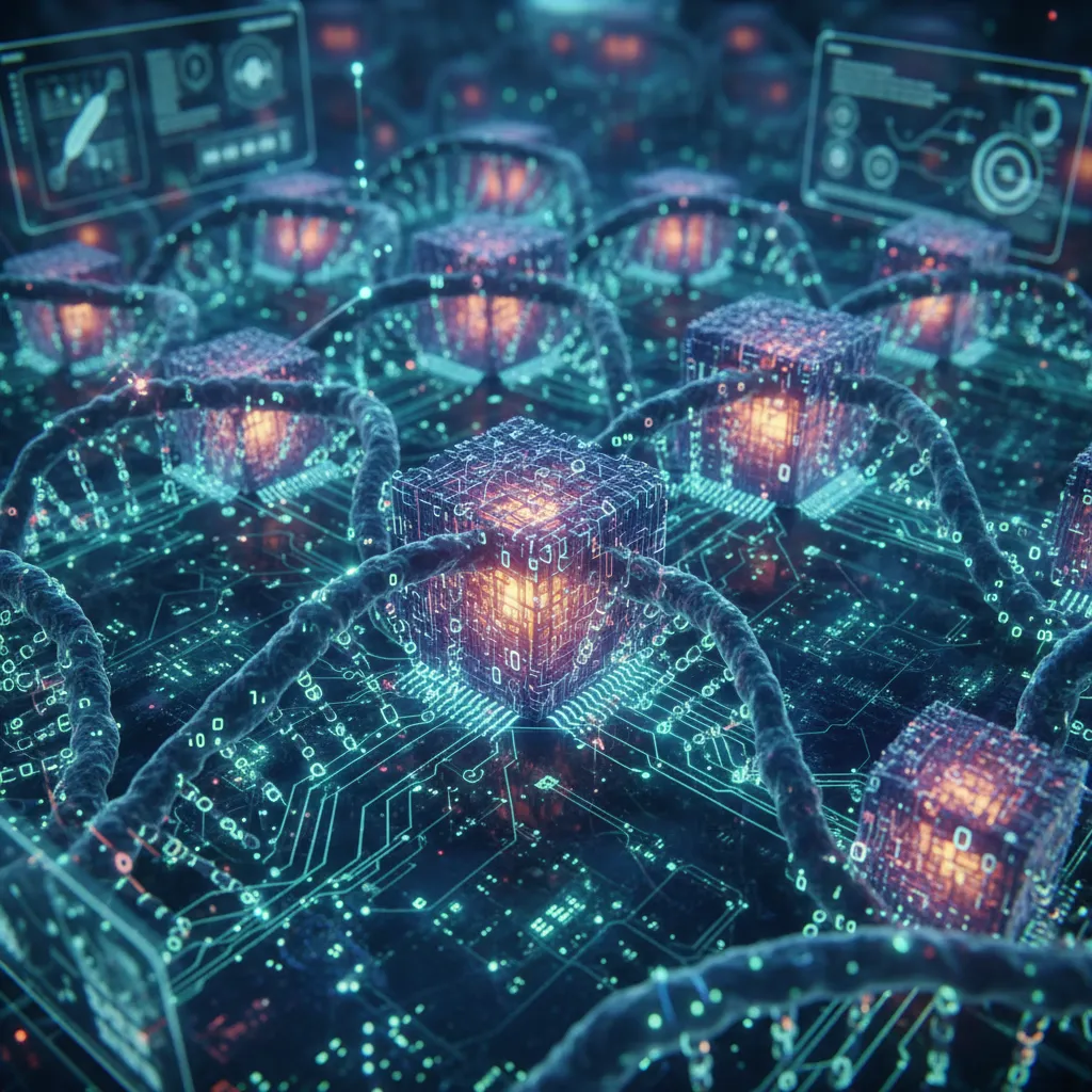 Close-up of DNA strands storing digital information, representing DNA computing.