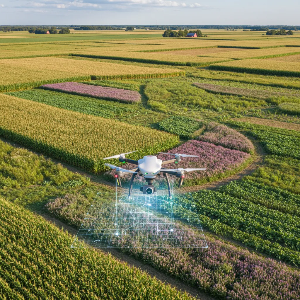 Drone flying over diverse regenerative crop field