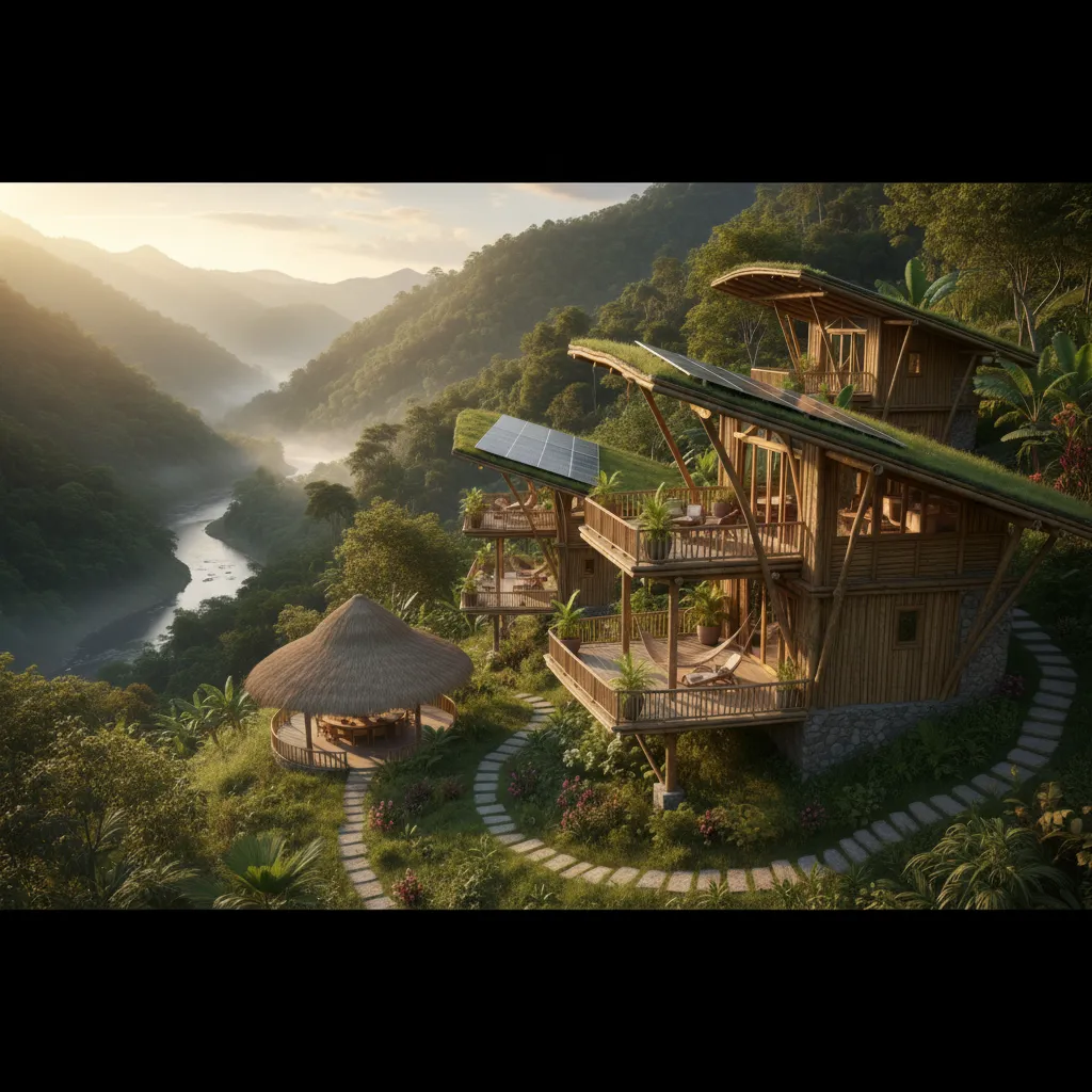 Panoramic view of an eco-lodge integrated into a natural landscape.